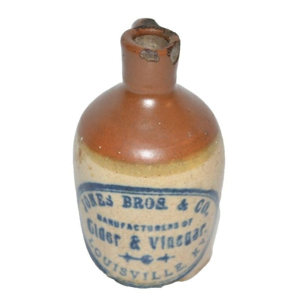 Antique Jones Bros & Co Cider & Vinegar Mini Stoneware Jug Louisville KY Chips